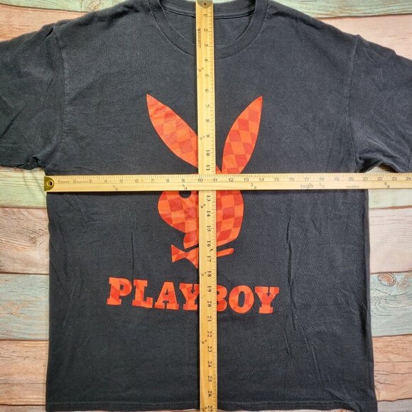 Vintage Playboy Black Graphic T-Shirt With Red Checkered Logo Design Unisex - Picture 4 of 6